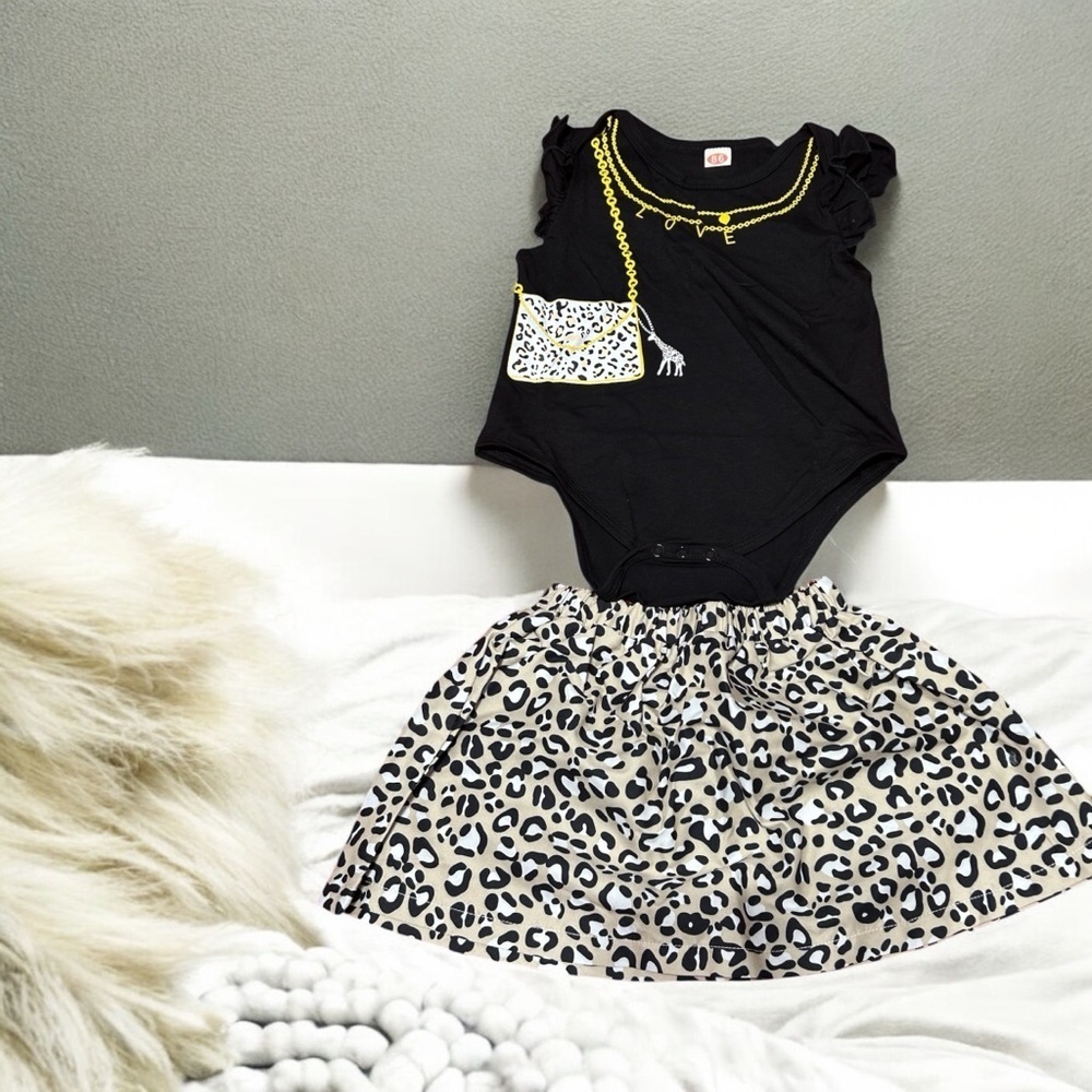 Chic Black Baby Outfit with Leopard Skirt